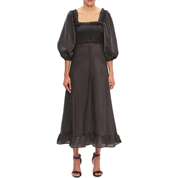 NWT 🖤 GANNI Seesucker Puff-Sleeve Midi Dress - Picture 4 of 12